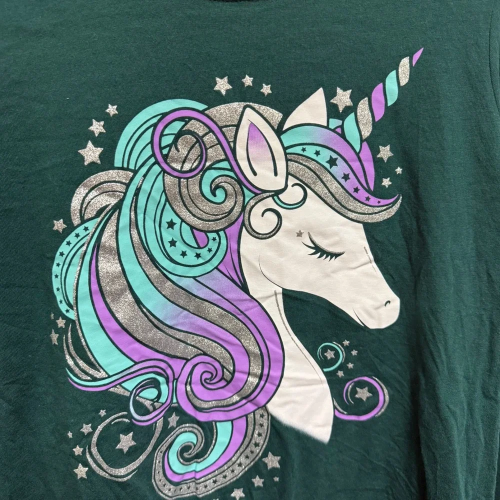 The Childrens‎ Place Girls Green Unicorn Glitter Graphic Long Sleeve Tee L 10/12